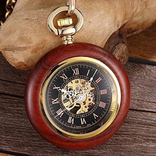 ROLTIN Einzigartige mechanische Taschenuhr mit Holzgehäuse, Handaufzug, Steampunk-Skelett-Taschenuhr, Kette, römische Halskette, Anhänger für Männer und Frauen, Schwarz von ROLTIN