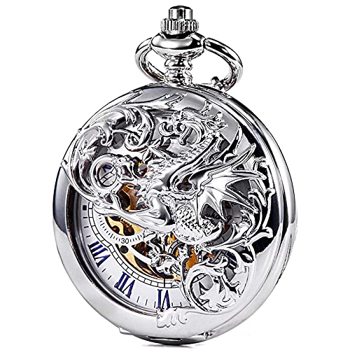 ROLTIN Herren-Taschenuhr mit Drachen-Motiv, antik bronzefarben/silberfarben, mechanisch, Skelett, für Damen, mit Kette von ROLTIN