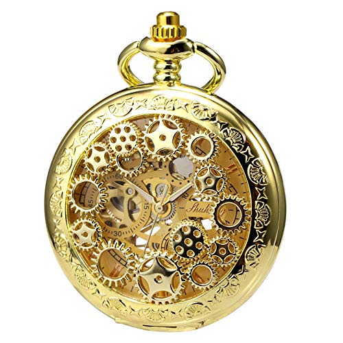 ROLTIN Mechanische Skelett-Taschenuhr für Herren und Damen, Bronze-Getriebe, hohles Gehäuse, Taschenuhren mit Kettenbox von ROLTIN