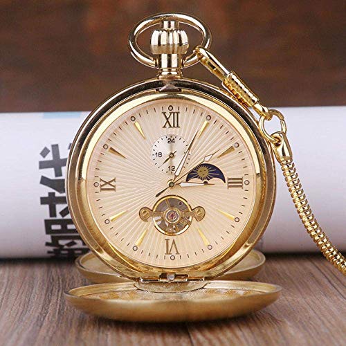 ROLTIN Mechanische Taschenuhr mit Kette, Taschenuhr und Kette, goldene Mondphase, mechanische Taschenuhr, römische Zahl, Tourbillon-Zifferblatt, Anhänger, Kette, Männer und Frauen, Geschenk von ROLTIN