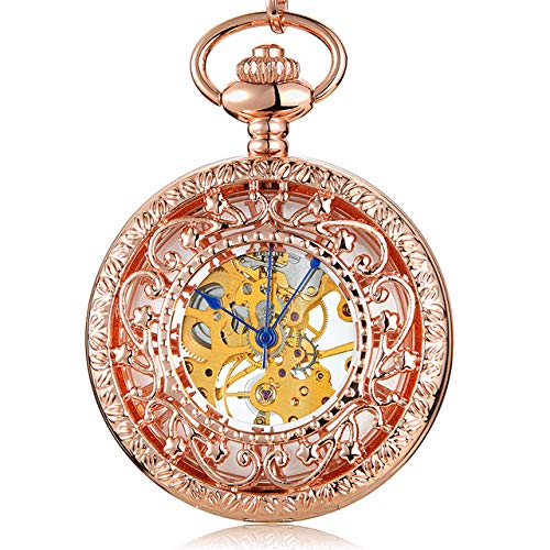 ROLTIN Retro Hohle mechanische Taschenuhr mit Kette Gold Sterne Skelett Steampunk Vintage Herren Damen Handaufzug Taschenuhr, Roségold von ROLTIN