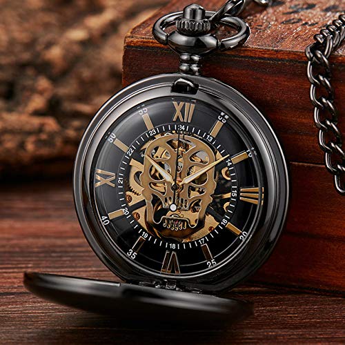 ROLTIN Retro-Totenkopf-Taschenuhr, mechanisch, Handaufzug, Steampunk-Skelettuhr, Fob-Kette, Halskette, Anhänger, römische Ziffern, Zifferblatt von ROLTIN