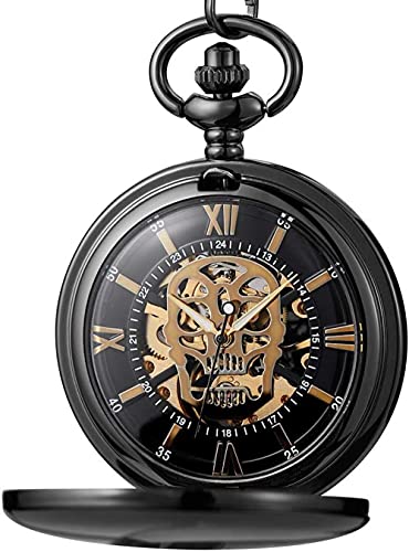 ROLTIN Taschenuhr, Retro-Schädel-Taschenuhr, mechanisch, Handaufzug, Steampunk-Skelettuhr, Anhänger, Kette, Halskette, Anhänger, römische Ziffern, Zifferblatt von ROLTIN