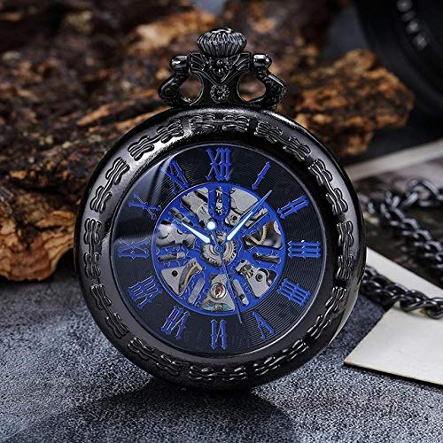 ROLTIN Vintage mechanische Taschenuhren römische Ziffern Handaufzug Luxus Skelett Steampunk Uhr mit Kette Herren Damen, Schwarz Blau von ROLTIN