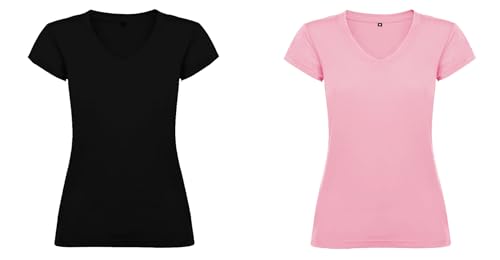 2er Set Damen T-Shirt Victoria mit V-Ausschnitt, Kurzarm, Uni, Schwarz/Hellrosa, 6646, Gr. M von ROLY