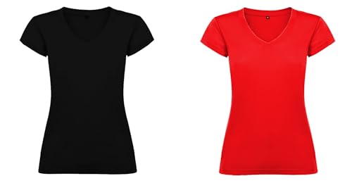 2er Set Damen T-Shirt Victoria mit V-Ausschnitt, Kurzarm, Uni, Schwarz/Rot, 6646, Gr. S von ROLY
