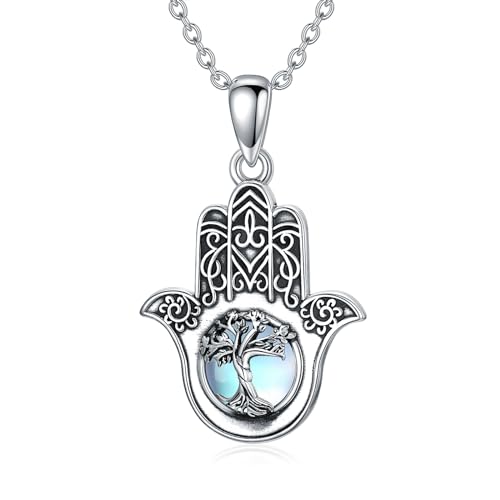 ROMANTICWORK Hamsa Hand Kette 925 Sterling Silber Lebensbaum mit Mondstein Halskette Hand der Fatima Amulett Anhänger Hamsa Schmuck Geschenke für Damen von ROMANTICWORK