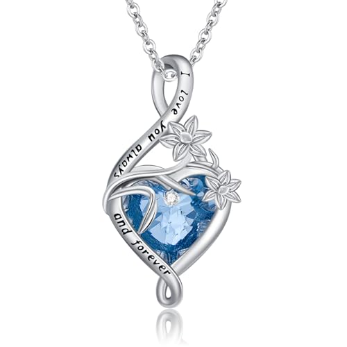 ROMANTICWORK Marsch Geburtsstein Kette 925 Sterling Silber Geburtsstein Anhänger Halskette Geburtsblumen Schmuck Geschenk für Damen Frauen von ROMANTICWORK