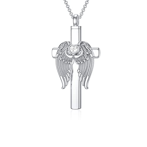 ROMANTICWORK Engelsflügel Kreuz Urne Kette Sterling Silber Urne Halskette für Asche Feuerbestattung Anhänger Memorial Andenken Schmuck Geschenke für Damen von ROMANTICWORK