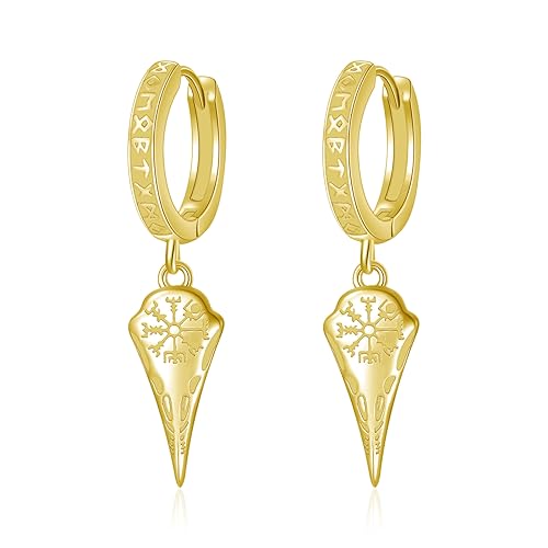 ROMANTICWORK 14 Karat Vergoldete Wikinger Runen Ohrringe 925 Sterling Silber Raben Creolen Ohrringe Hängend Huggie Ohrringe Nordische Wikinger KräheSchädel Schmuck Geschenke für Männer Herren von ROMANTICWORK