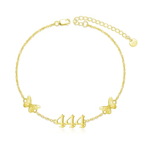 ROMANTICWORK 14 Karat vergoldet 444 Engelszahl Armband für Frauen 925 Sterling Silber Schmetterling mit Engelszahl 444 verstellbare numerologische Schmuckgeschenke für Damen von ROMANTICWORK