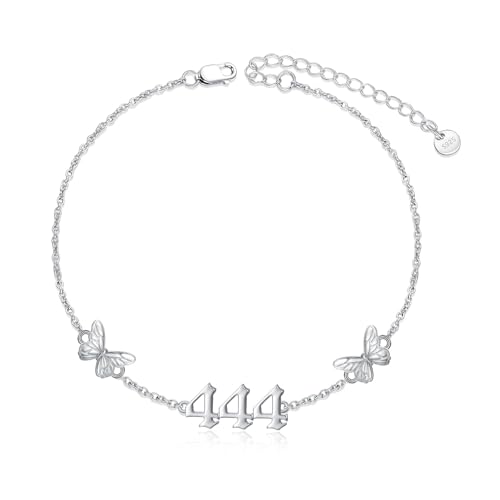 ROMANTICWORK 444 Engelszahl Fußkettchen Armband für Frauen 925 Sterling Silber Schmetterling mit Engelszahl 444 verstellbare numerologische Schmuckgeschenke für Damen von ROMANTICWORK