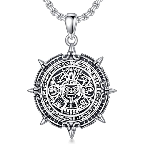 ROMANTICWORK Azteken Kalender Halskette 925 Sterling Silber Maya Kalender Anhänger Aztekischer Kalender Kette Azteken Sonne Medaille Schmuck Geschenke für Herren Damen von ROMANTICWORK