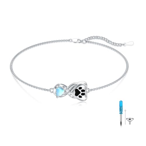 ROMANTICWORK Hundepfote Urne Armband für Asche 925 Sterling Silber Mondstein Asche Andenken Armbänder Asche Schmuck zum Befüllen Tierurnen für Hunde Schmuck für Damen von ROMANTICWORK