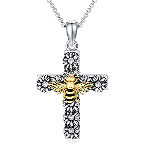 ROMANTICWORK Kreuz Biene Halskette 925 Sterling Silber Kreuz Sonnenblume Anhänger Halskette Kreuz Schmuck Geschenke für Frauen Tochter von ROMANTICWORK