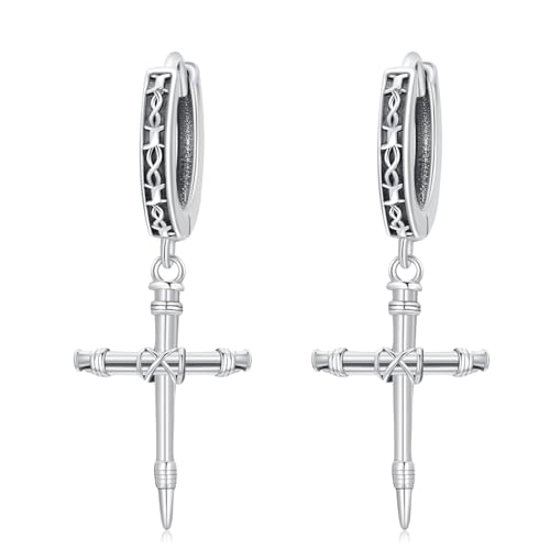 ROMANTICWORK Kreuz Ohrringe 925 Sterling Silber Nägel Kreuz Anhänger Ohrringe Kreuz Creolen Huggie Ohrringe Hängend Religion Gothic Nägel Kreuz Schmuck Geschenke für Herren Männer Damen von ROMANTICWORK