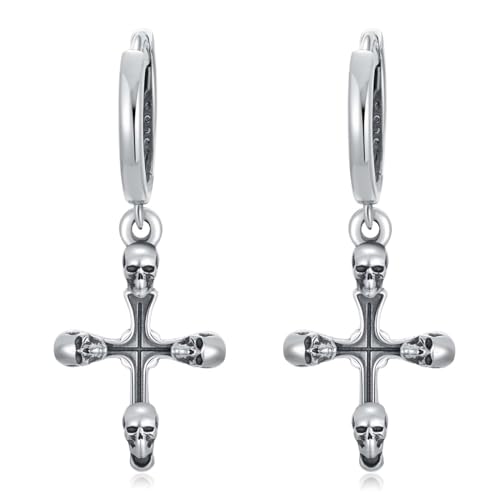 ROMANTICWORK Kreuz Ohrringe 925 Sterling Silber Totenkopf Ohrringe mit Anhänger Kreuz Totenkopf Creolen Huggie Ohrringe Hängend Religion Gothic Kreuz Schmuck Geschenke für Herren Männer Damen von ROMANTICWORK