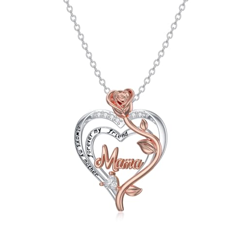 ROMANTICWORK Mama Kette 925 Sterling Silber Rose Anhänger Halskette Mama Schmuck Mutter Geschenk für Damen Muttertag Geburtstag von ROMANTICWORK