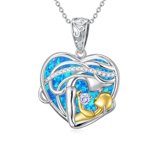 ROMANTICWORK Mutter Tochter Kette 925 Sterling Silber Blauer Opal Mutter Tochter Anhänger Halskette Mama Schmuck Mutter Tochter Geschenke für Frauen Damen von ROMANTICWORK