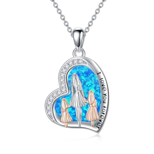 ROMANTICWORK Mutter Tochter Kette 925 Sterling Silber Blauer Opal Mutter Tochter Anhänger Halskette Mama Tochter Schmuck Geschenke für Frauen Damen von ROMANTICWORK