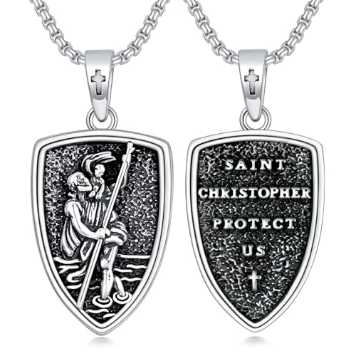 ROMANTICWORK Religiöser Kette 925 Sterling Silber Christliche Kreuz Jesus Amulett Schmuck Geschenke für Herren Damen (Heiligem Christophorus) von ROMANTICWORK