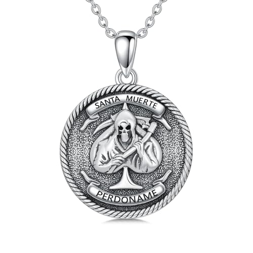 ROMANTICWORK Religiöser Kette 925 Sterling Silber Christliche Kreuz Jesus Amulett Schmuck Geschenke für Herren Damen (Santa Muerte) von ROMANTICWORK