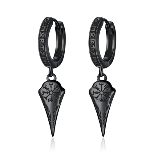 ROMANTICWORK Schwarz Wikinger Runen Ohrringe 925 Sterling Silber Raben Creolen Hängend Huggie Nordische Wikinger KräheSchädel Schmuck Geschenke für Männer Herren von ROMANTICWORK