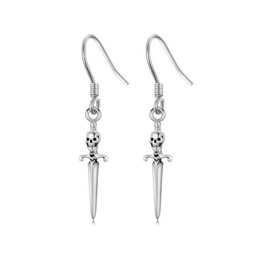 ROMANTICWORK Schwert Totenkopf Ohrringe 925 Sterling Silber Totenkopf Ohrhänger Punk Gothic Schwert Schmuck Geschenke für Frauen Damen von ROMANTICWORK