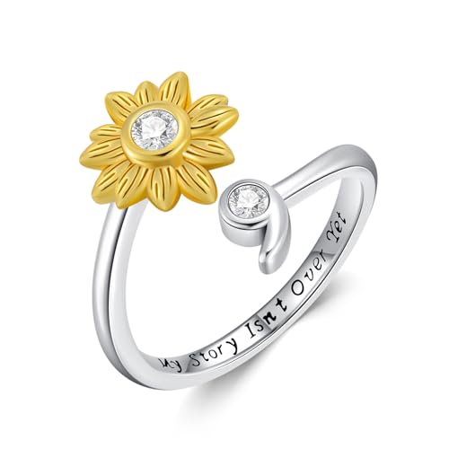 ROMANTICWORK Semikolon Ring 925 Sterling Silber Sonnenblumen My Story Isn't Over Yet Verstellbarer offene Ring Psychische Gesundheit Suizid Aufklärung Inspirierender Schmuck Geschenke für Damen von ROMANTICWORK