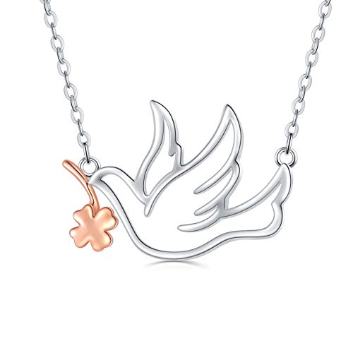 ROMANTICWORK Sterling Silber Tier Halskette Dove Bird Anhänger Halskette mit vierblättrigem Kleeblatt Niedlichen Tierschmuck Geschenke für Frauen Mädchen Mutter Mutter - 18 Zoll von ROMANTICWORK