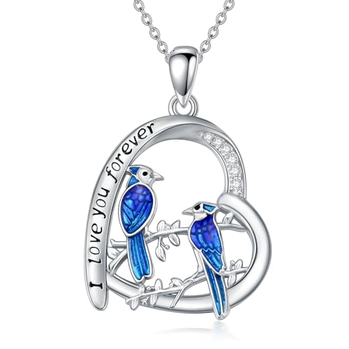 ROMANTICWORK Tier Halskette Sterling Silber Tier Anhänger Halskette Katze Eule Pinguin Delfin Hase Meerjungfrau Taube Pfau Kette Schmuck Geburtstag Geschenke für Damen Mädchen (Blauhäher) von ROMANTICWORK