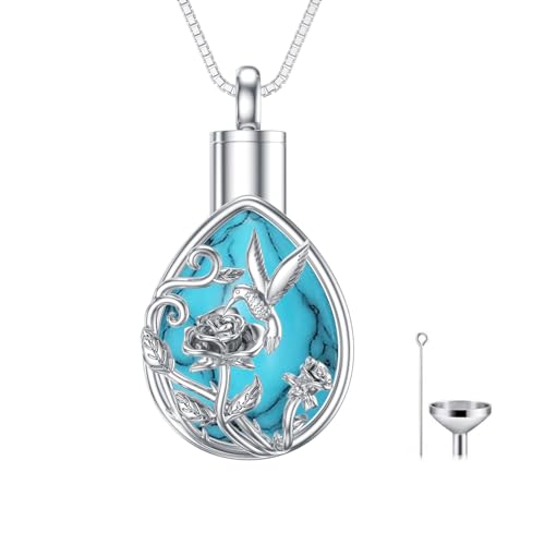 ROMANTICWORK Türkis Urne Kette für Asche Sterling Silber Rose Asche Anhänger Halskette Kolibri Andenken an Verstorbene Schmuck Geschenke für Damen von ROMANTICWORK