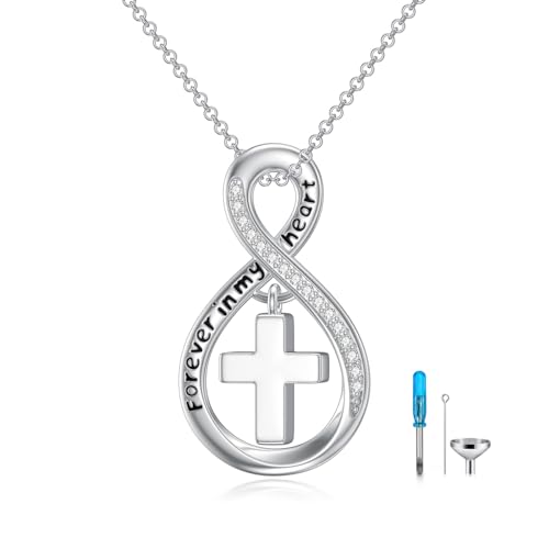 ROMANTICWORK Urnenketten für Asche 925 Sterling Silber Kreuz Asche Anhänger zum Befüllen Unendlichkeitszeichen Urne Halskette Einäscherung Andenken Schmuck für Damen von ROMANTICWORK