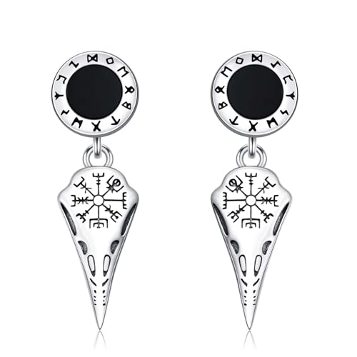 ROMANTICWORK Wikinger Runen Ohrstecker Ohrringe 925 Sterling Silber Schwarzer Onyx Raben Ohrstecker Hängend Ohrringe Nordische Wikinger KräheSchädel Schmuck Geschenke für Männer Herren von ROMANTICWORK