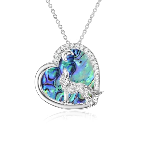 ROMANTICWORK Wolf Kette 925 Sterling Silber Herz Abalone Muschel Wolf Anhänger Halskette Wolf Schmuck Geschenke für Damen von ROMANTICWORK