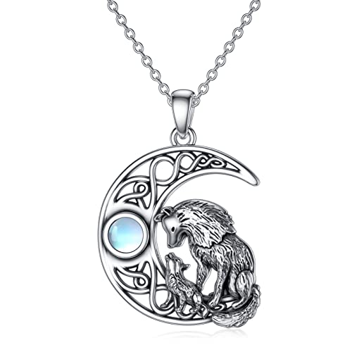 ROMANTICWORK Wolf Kette 925 Sterling Silber Mondstein Wolf Anhänger Mutter Tochter Wolf Halskette Keltische Wolf Schmuck Geschenke für Damen Mädchen von ROMANTICWORK
