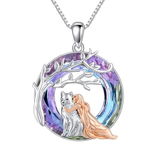 ROMANTICWORK Wolf Kette 925 Sterling Silber Wolf und Mädchen Kristall Anhänger Halskette Wolf Schmuck Wolf Geschenke für Damen Mädchen von ROMANTICWORK