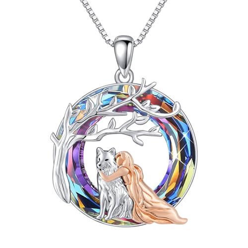 ROMANTICWORK Wolf Kette Sterling Silber Wolf und Mädchen Kristall Anhänger Halskette Wolf Schmuck Geschenke für Damen Mädchen von ROMANTICWORK
