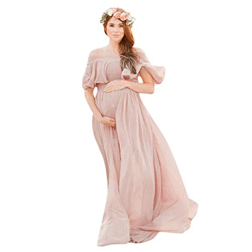 ROMIDA Damen Umstandskleid Fotoshooting Spitzen Schwangerschaftskleid Elegant Schwangere Frauen Fotografie Kleid Maxi Schulterfrei Mutterschaft Einfarbig Kurzarm für Fotoshooting, Rosa-11, M von ROMIDA