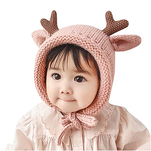 ROMIDA Baby Wintermütze Schal Schlupfmütze Warm Süßes Reh Wintermütze Schalmütze Strickmütze mit Bommel Fleecefutter Beanie Mütze Kinder Bommelmütze Schalmütze Strickmütze mit Pompom, Rosa, 44-48cm von ROMIDA