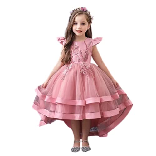 ROMIDA Blumenmädchen Kleid Kinder Langes Abendkleid Geburtstag Partykleid Spitze Maxikleid Ärmellos Prinzessin Festliches Festkleid Spitzenkleid, Rosa, 7-8 Jahre von ROMIDA