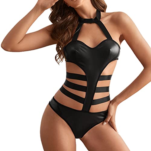 ROMIDA Damen Leder Body im Wetlook Dessous Reizwäsche Babydoll Negligees Choker Neck Leather Lingerie Nachthemd Body Bodysuit Push up Puppenkleid Pyjamas Reizwäsche Dessous-Set von ROMIDA