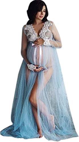 ROMIDA Damen Umstandskleid Fotoshooting Spitzen Schwangerschaftskleid Elegant Schwangere Frauen Fotografie Kleid Maxi Schulterfrei Mutterschaft Einfarbig Kurzarm für Fotoshooting, Blau-6, L von ROMIDA