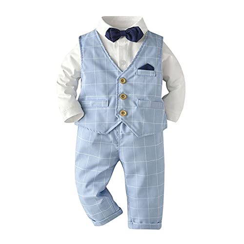 ROMIDA Jungen Gentleman Bekleidungssets Langarm Hemd Fliege Hosenträge Hose Kinder Anzug Taufanzug Hochzeit Kleidung Set Baby Strampler Jungen Outfits Set, Hellblau-8, 6-9 Monate von ROMIDA