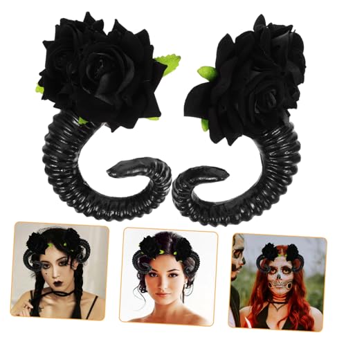 ROMISBABA 1paar Gothic Haarschmuck Mit Schafhörnern Teiliges Für Cosplay Und Halloween Elegante Schwarze Rosen-haarspangen Kreative Accessoires Für Partys Und Besondere Anlässe von ROMISBABA