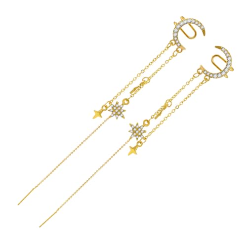 ROMISBABA 1 Paar Stern Mond Ohrclips mit Kette für Damen Ohrringe mit Zirkonia für Besondere Anlässe Geburtstag Hochzeit und Ohrringe Ohrloch von ROMISBABA