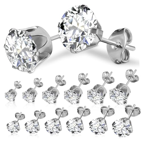 ROMISBABA 12 Paare Damen Ohrstecker Silberfarben Zirkonia Ohrringe Klassisch Elegant Hypoallergen Schmuck von ROMISBABA