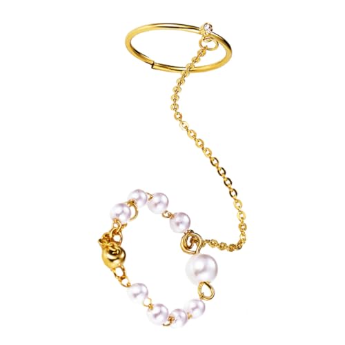 ROMISBABA Kettenring Mit Perlen Für Damen Vintage Fingerschmuck Einfache Kette Perlenring Stilvoller Ring Für Frauen Modischer Schmuck Für Mädchen von ROMISBABA