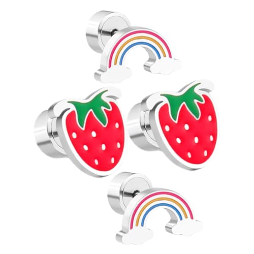 ROMISBABA 2 Paare Hypoallergene Kinderohrringe Set Süße Erdbeer und Regenbogen Ohrringe Flache Rückseite Zarte Ohrstecker für Mädchen zu Weihnachten und Geburtstag von ROMISBABA