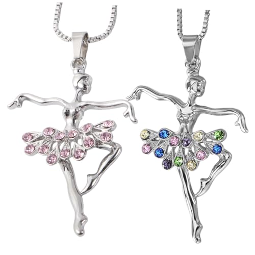 ROMISBABA 2 Stück Ballerina Halskette mit Strassanhänger Filigrane Damen Kette Modischer Clavicle Schmuck Zartes Pendant für Alltag und Festliche Anlässe Farbige Rosa von ROMISBABA